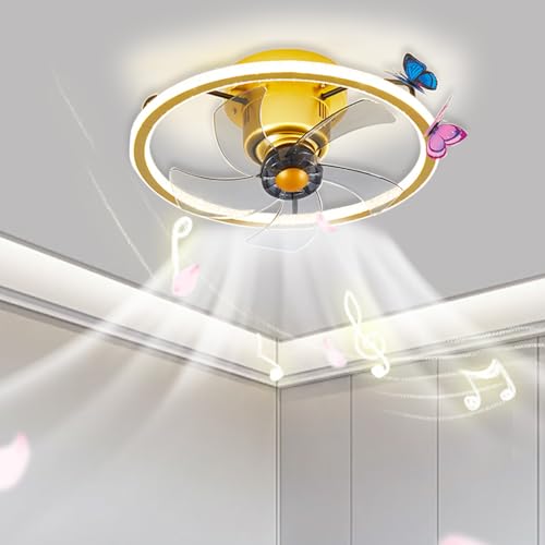 LASANYA Infantil Lampara Techo Ventilador Pequeño, Lampara Ventiladores Techo Inteligente Giratorio 360° Reversible,ventilador De Techo Creativo Para Niños Con Altavoz Bluetooth Regulable-Dorado