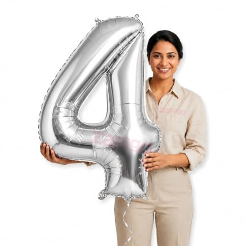 Image of Balloonistics Silver 40-Inch Foil Number 4 Balloon - Fill with Helium or Air for 4th Birthday, Anniversary Party Decoration, Photo Booth Backdrop, Cake Table Decor