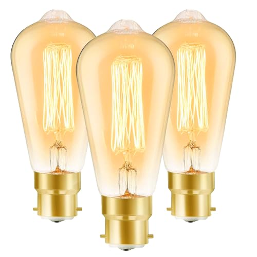 JQslight B22 Vintage Edison Light BulbST64 Industrial Style Bayonet Filament Bulbs 60W 2700K Warm White Dimmable 600lm Amber Retro Design Style Decorative Light Bulbs Pack of 3.
