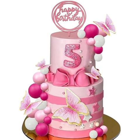 27 PCS Hot Pink Girl Cake Toppers Ball Decoration Butterfly Theme for Wedding Birthday Baby Shower Party Supplies Cover
