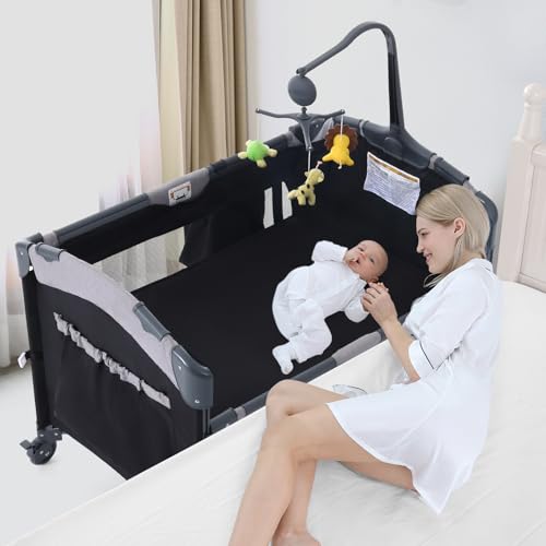 Image of Jaoul 5 in 1 Baby Crib, Bassinet Beside Sleeper, Pack and Play with Bassinet and Changing Table Portable Travel Baby Playpen with Toys & Music Box, Mattress for Girl Boy Infant Newborn Black