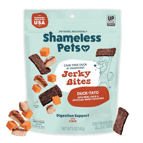 Shameless Pets Jerky Bites Treats, Duck-Tato - Healthy Dog Chews for Digestion Support with Fiber - Dog Treats with Real Cage-Free Duck - Free from Grain, Corn & Soy - 1-Pack
