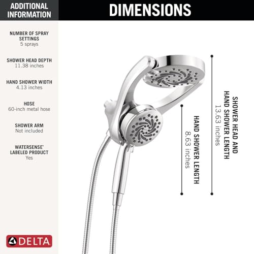 Image of Delta 5-Setting HydroRain 2-in-1 Dual Shower Head with ProClean Spray, Chrome High Pressure Shower Head with Handheld Spray, 1.75 GPM Flow Rate, Chrome 75419