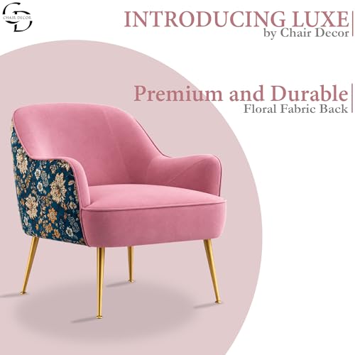 Image of Accent Chair with Ottoman | Modern Velvet Lounge Chair with Floral Designer Back | Upholstered Armchair for Living Room, Bedroom & Cafe | Golden Legs (Pink Floral)