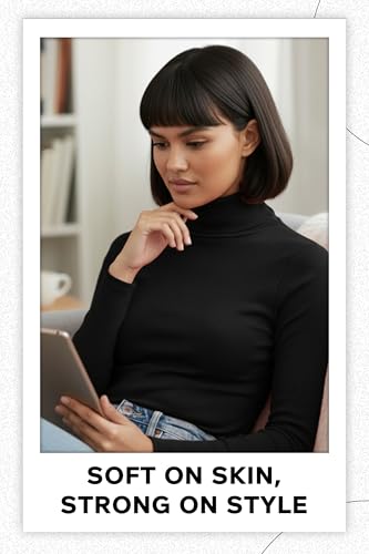 Re Tech Uk Ladies Plain Ribbed Cotton Polo Turtle Roll Neck Tunic Top Jumper Full Sleeve, Black, M/L 12-14 - 6