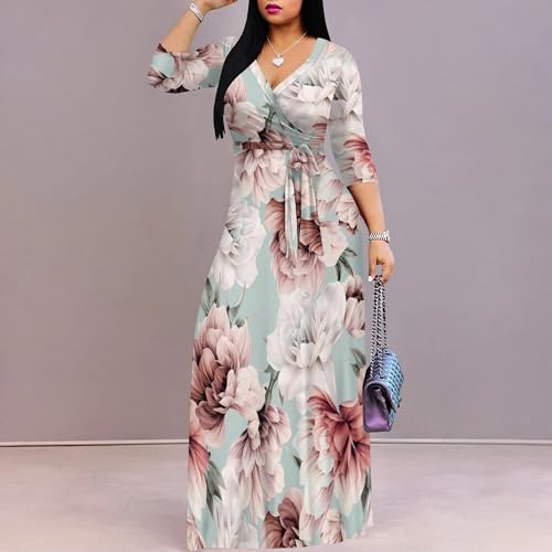 Image of PinkPatty Women's Print Maxi Dresses 3 /4 Sleeve Flowy Long Dress V Neck Wrap Tie Waist Sundress