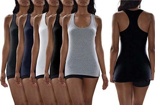 Sexy Basics Women's 5 Pack Racerback PowerFlex Tank Tops/Cotton -Spandex Stretch Color Tank Tops
