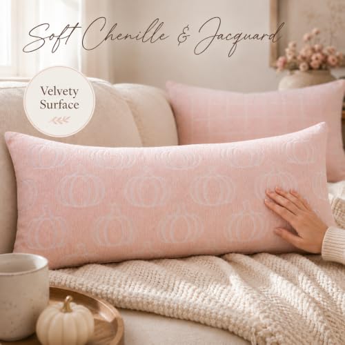 Image of Fall Pumpkin Chenille Pillow Covers,Autumn Decor (Pink,14x36) | Double-sided pumpkin and plaid designs, thick chenille texture, hidden zipper, for couch, sofa, bed, farmhouse autumn decor