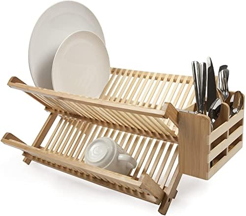 Unibos Dish Drying Rack With Utensils Holder Set Bamboo Dish Rack Collapsible Dish Drainer, Foldable dish drying rack Wooden Plate Rack Made of 100% Natural Bamboo
