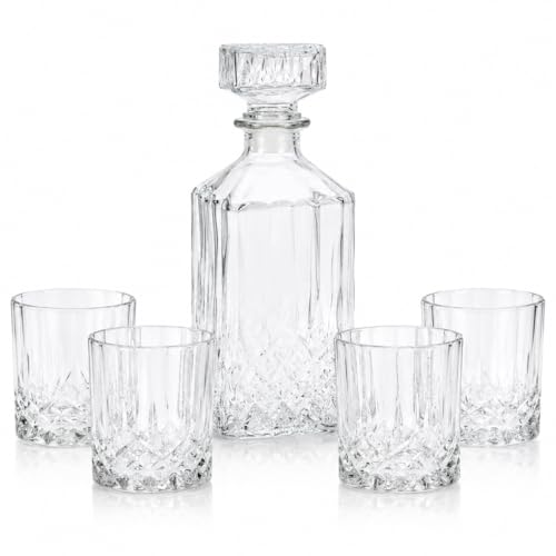 Decanter Whisky 5 Pezzi – Caraffa in Vetro Tagliato 900ml con Tappo + 4 Bicchieri Old Fashioned 230ml – Design Effetto Cristallo – Ideale per Whisky, Bourbon, Scotch e Rum