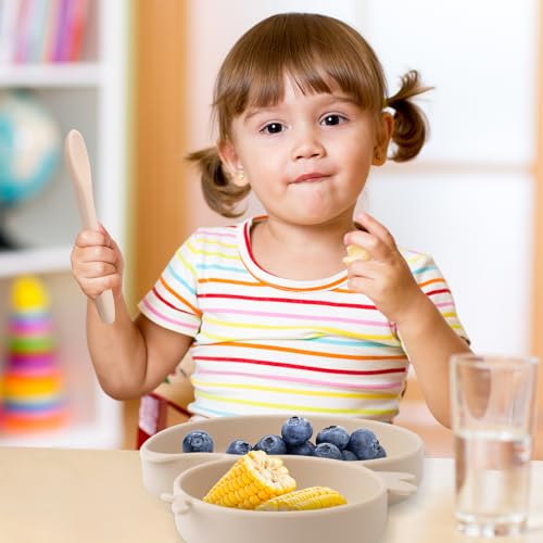 Qshare Baby Suction Plate With Spoon and Fork - Non-Slip Self Feeding Training Divided Weaning Plate for Toddler (Beige) - Image 4