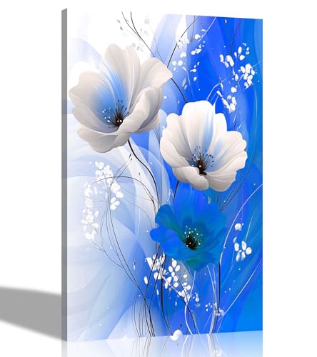 Artley Prints - Blue Abstract Flowers Modern Framed Canvas Wall Art Botanical Prints For Office Home Hallway Conservatory Garden 60 x 40cm (24 x 16 inches) A2