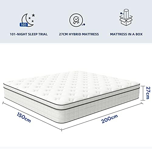 King Size Mattress, 5FT Innerspring Hybrid Mattress, 10.6 Inch King Size Mattress with Breathable Foam and Pocket Spring for Cool Comfort Sleep, Medium Plush Feel King Size Mattress (150x200x27cm)