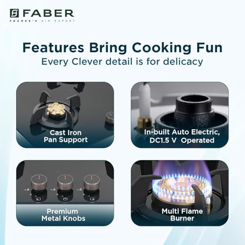 Image of Faber 3 Burner 78Cm HOBTOP|Auto Ignition |Metal Knobs| Cast Iron Pan Support|HOB /Cooktop Hybrid|Black Glass Finish|5 Yrs Warranty On Glass,Valve & 2 Yrs On Burner| HOB PRIME HT783 CRS BR CI AI IN