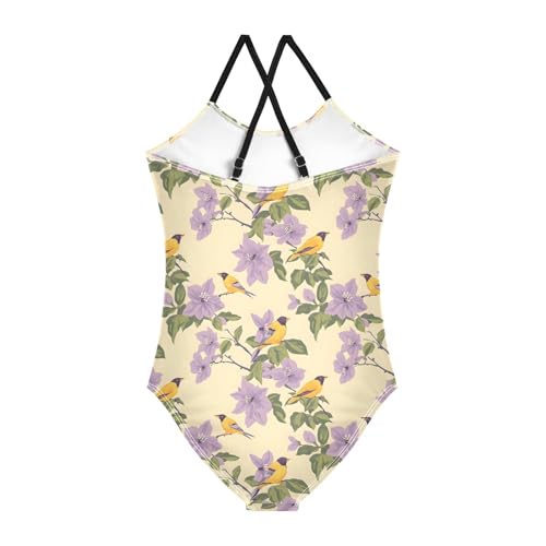 senya Girls Swimsuits One-Piece Swimwear Tie Bathing Suit Beach Summer Round Neck 7-8T Purple Flower Bird Pattern2
