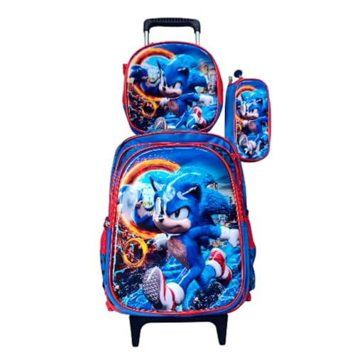 Kit Mochila do Sonic e Tails 3D com Rodinhas Escolar Infantil + Lancheira Térmica + Estojo em Alto Relvo Escolar