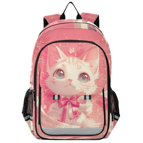 stray kids backpack 8-12： casual books bag for kids in assorted colors - Cartoon Cute White Cat White Sheet Music Score Hot Pink