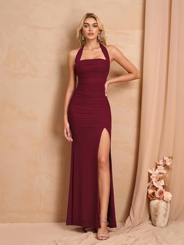 Women Bodycon Maxi Dress High Slit Halter Tie Ruched Long Formal Cocktail Wedding Guest Dresses3