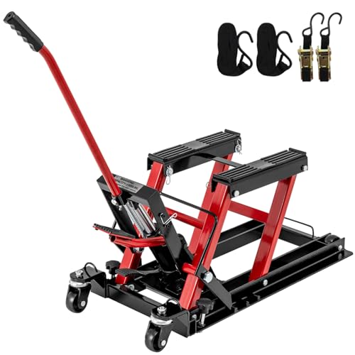 HOMFME 680 kg Hydraulic Motorcycle Lift Jack Motorbike Lifting Stand with 3-Level Height Adjustable Platform Wheels Heavy Duty Motorcycle Jack Lift Table Hoist Stand for ATV UTV Quad (Red)
