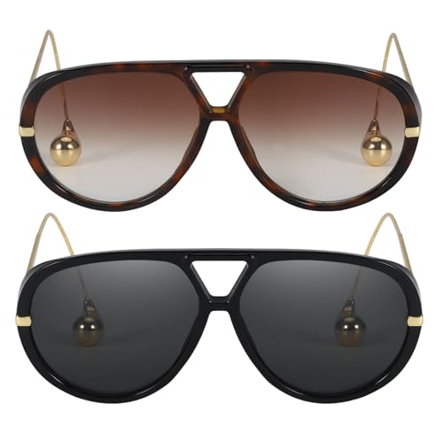 SODQW 2 Pack Oversized Aviator Sunglasses for Women Men With Earring Trendy Large Big Double Bridge 2025 Shades