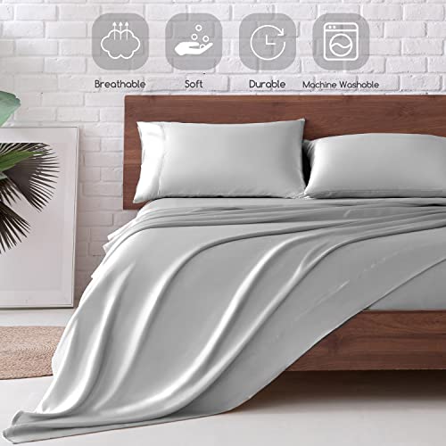 Image of MR&HM Satin Bed Sheets, Queen Size Sheets Set, 4 Pcs Silky Bedding Set with 15 Inches Deep Pocket for Mattress (Queen, Silver Grey)