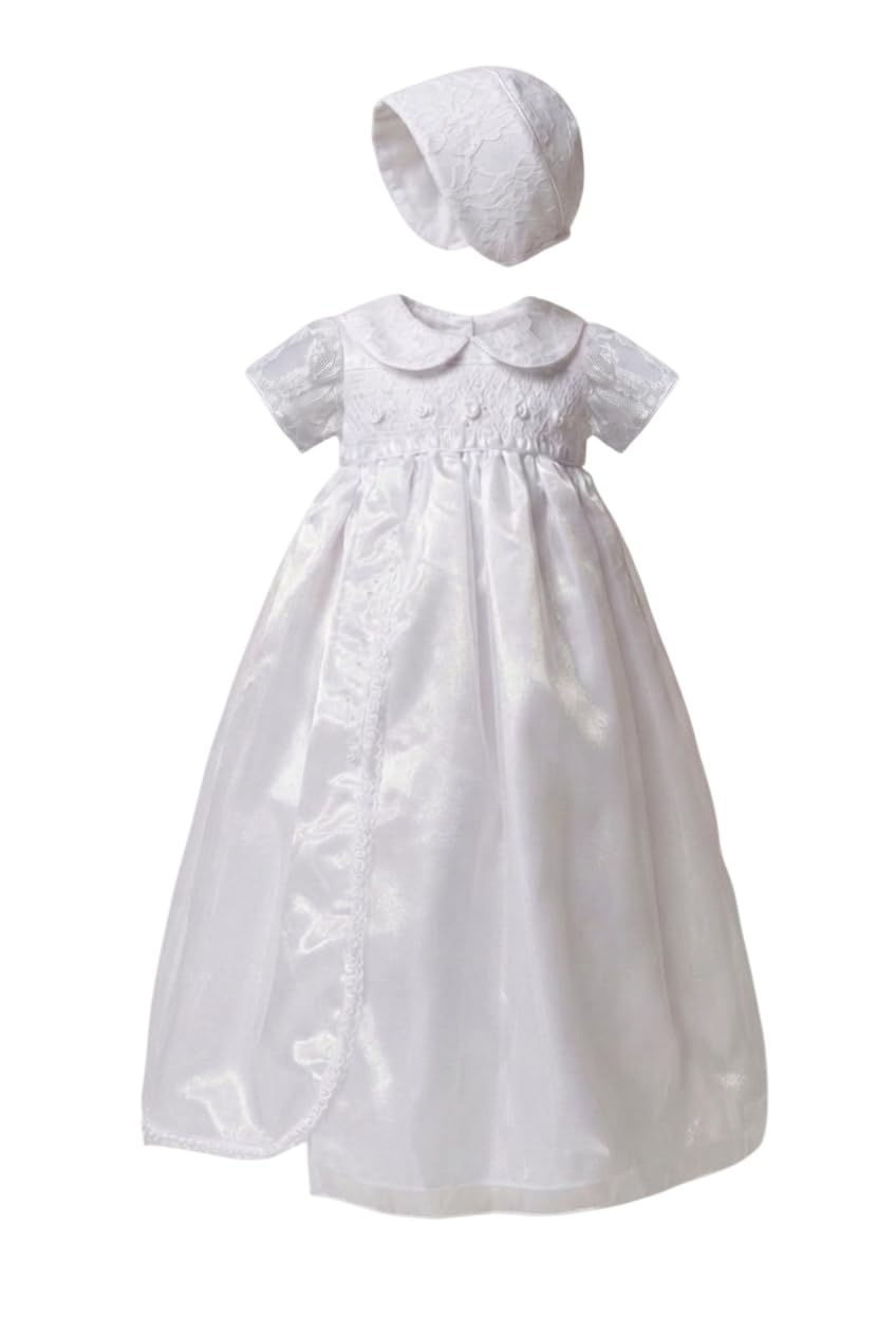 Conjunto de Bautizo Tradicional Blanco para niña con Vestido y Gorro, Cuello Peter Pan