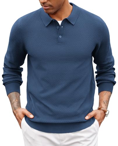 COOFANDY Men's Knit Polo Sweater Long Sleeve Casual Collared Quarter Button Golf Waffle Textured Sweater
