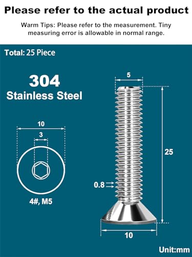 Drenky M5 X 25mm 304 Stainless Steel Flat Head Silver Countersunk Bolts with Hex Socket, 25 Pcs - Image 2