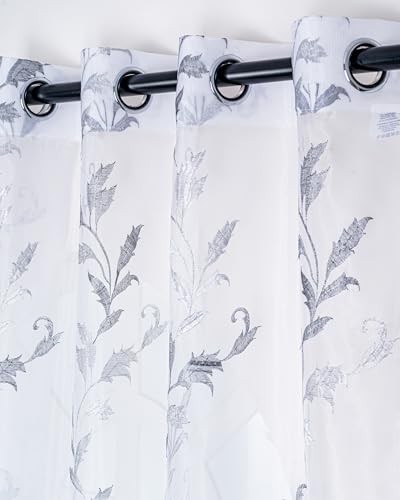Image of (5 Ft Embroidered Tissue Curtain | Leaf Plant Design Grommet Curtains Window Curtain |Vintage Classical Floral Print | For Home | Grey & White (Pack Of 2) | 152 L X 121 W Centimeters