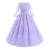 Flower Girls Dress Lace Bridesmaid Floral Lace 3/4 Sleeves Long Wedding Pageant Dress Princess Communion Floor Length Maxi Tulle Party Evening Formal Prom Dance Ball Gown Light Purple 13-14 Years