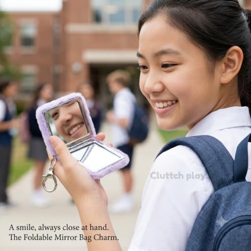 Image of Cute Plush Foldable Mirror Bag Charm for Girls | Bunny & Heart Kawaii Keychain Mirror | Korean Aesthetic Backpack Pendant | Gift for Girlfriend, Daughter & Best Friends (Plush Mirror)