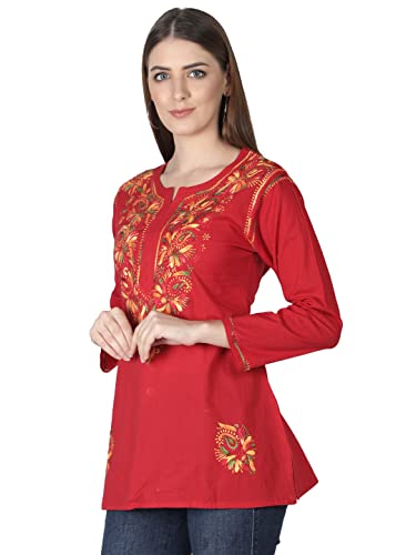 Image of Seva Chikan Hand Embroidered Lucknowi Chikankari Cotton Short Kurti Tunic Top for Women SCL4076