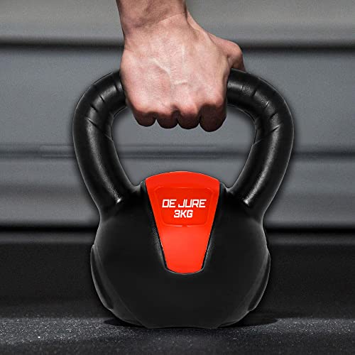 Image of De Jure Fitness PVC Kettlebell 3kg for Men & Women Strength & Cardio Training, Soft Grip, Crushed Concrete Filled, Full Body Workout Equipment for Home & Gym (Orange Black)