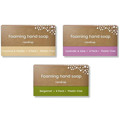 Raindrop Sustainable Hand Soap Refills, 12x Plastic-Free Foaming Hand Soap Refills (Mega Pack of Refills, Sweet Vanilla, Lavender, Lychee and Rose, Bergamot)