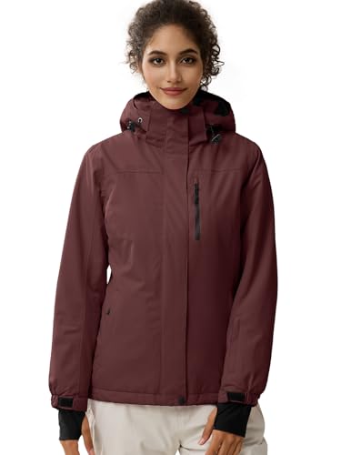 FREE SOLDIER Giacca Impermeabile da Ski/Neve Donna, Foderata in Pile, Calda per l'Inverno con Cappuccio e Cuciture Completamente Sigillate Rosso Bruno, L