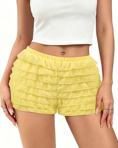 ROLOSI Womens Ruffle Shorts Yellow Bloomers Lace Micro Mini Cute Boy Shorts for Teen Girls With Liner