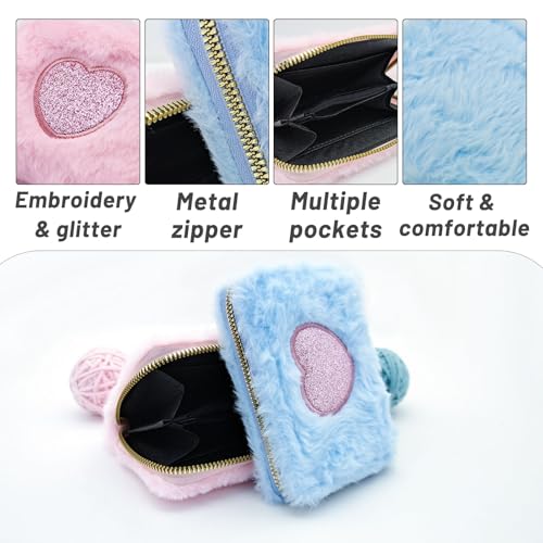Women Wallets, Soft Plush Small Womens Wallets Small Cute Wallet for Woman, Heart-Shaped Embroidery Credit Card Holder with Zipper for Cash, Keys, ID Cards, Coin (Blue)4