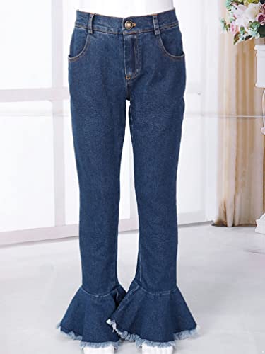 Linjinx Kids Girls Elastic Waist Cool Bell Bottom Jeans Washed Ruffle Hem Flare Denim Pants Baggy Trousers3