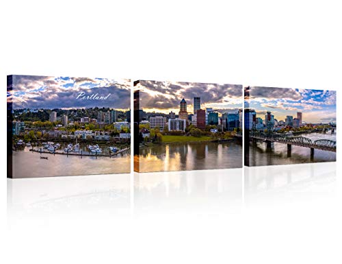 TUMOVO - Lienzo decorativo para pared, 3 piezas, diseño de puente de Hawthorne y río Willamette para dormitorio, estirado y enmarcado listo para colgar 30 x 40 cm