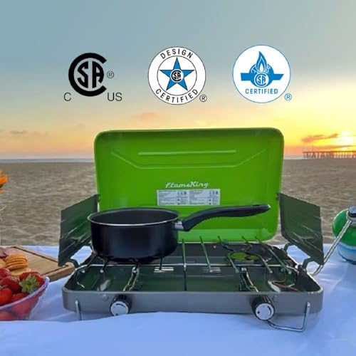 Image of Flame King VT-101 2-Burner Portable Camping Stove Grill, Great for Outdoor Cooking, Backpacking, Compatible with 1LB Propane Gas Bottle | camping-stoves
