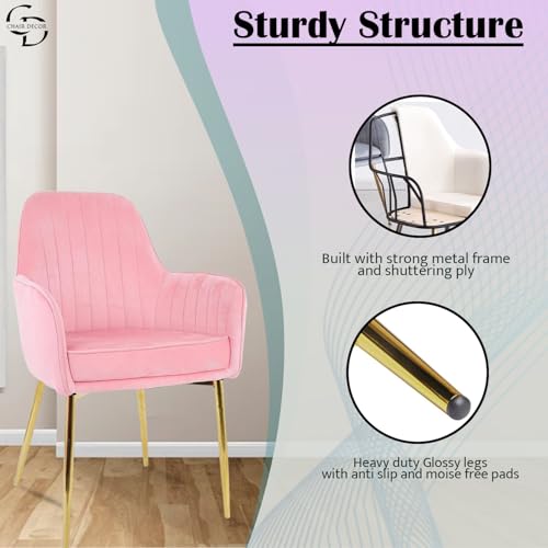Image of Velvet Accent Chair | Luxury Upholstered Armchair with Sturdy Metal Legs | Modern Comfortable Chair for Living Room, Bedroom, Office, or Cafe (Golden Legs, Baby Pink)