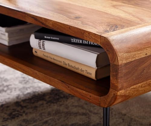 Table basse sheesham 90cm pieds métal, rangement FineBuy