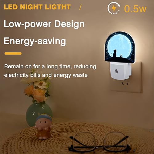 Image of Night Light, Cat and Mouse Sit on Moon Night Lights Plug into Wall Dusk to Dawn Sensor Round Nightlight for Women Men Energy Efficient Led Lamp 0.5W for Stairway Hallway Bedroom
