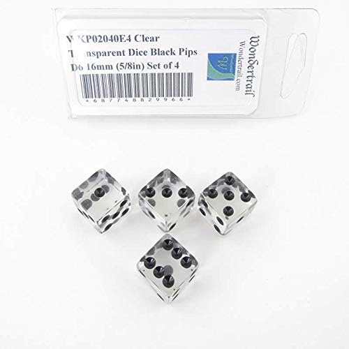 Wondertrail Clear Transparent Dice with Black Pips Square Corners D6 16mm (5/8 inch) Set of 4