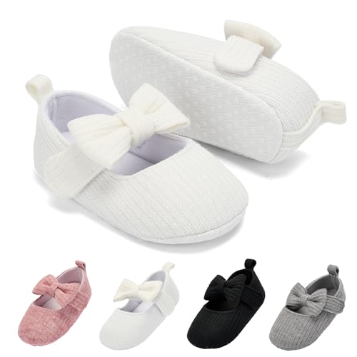 Image of BACSAC Baby Girls Mary Jane Flats with Bow Soft Sole Non-Slip Crib Shoes Infant Toddler First Walkers Princess Dress Shoes