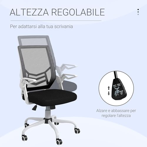 Sedia da Ufficio Ergonomica con Supporto Lombare, Braccioli Pieghevoli, Sedia da Scrivania Girevole in Rete Traspirante con Schienale Reclinabile e Altezza Regolabile, Capacità 120kg, Nero - Sedia gaming - Immagine 3