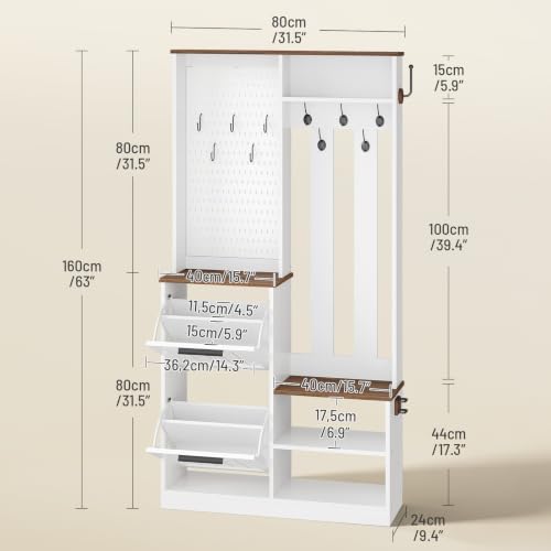 Hall-Tree-with-2-Flip-Down-Shoe-Cabinet-for-Entryway-Coat-Rack-with-Shoe-Bench-Open-Shelves-Pegboard-and-Coat-Hooks-for-Living-Room-Cloakroo-Bedroom-White-and-Walnut