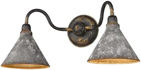 Golden Lighting 0877-BA2 ABI-GV Jasper 2 Bath Vanity Light, Antique Black Iron with Galvanized Steel Shade- Bathroom Vanity Light, Bathroom Light Fixtures, Vanity Lights,