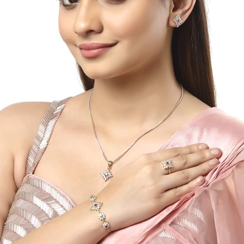 Image of ZENEME Jewellery Set for Women American Diamond Necklace Set with Earrings, Bracelet and Ring Jewellery for Girls and Women