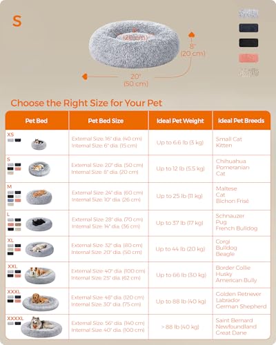 Feandrea PGW037G01 Fluffy Dog Bed, Cat Bed, Doughnut Cushion, Washable, Removable Padding, Long Plush, 50 cm Diameter, Light Grey - Image 6